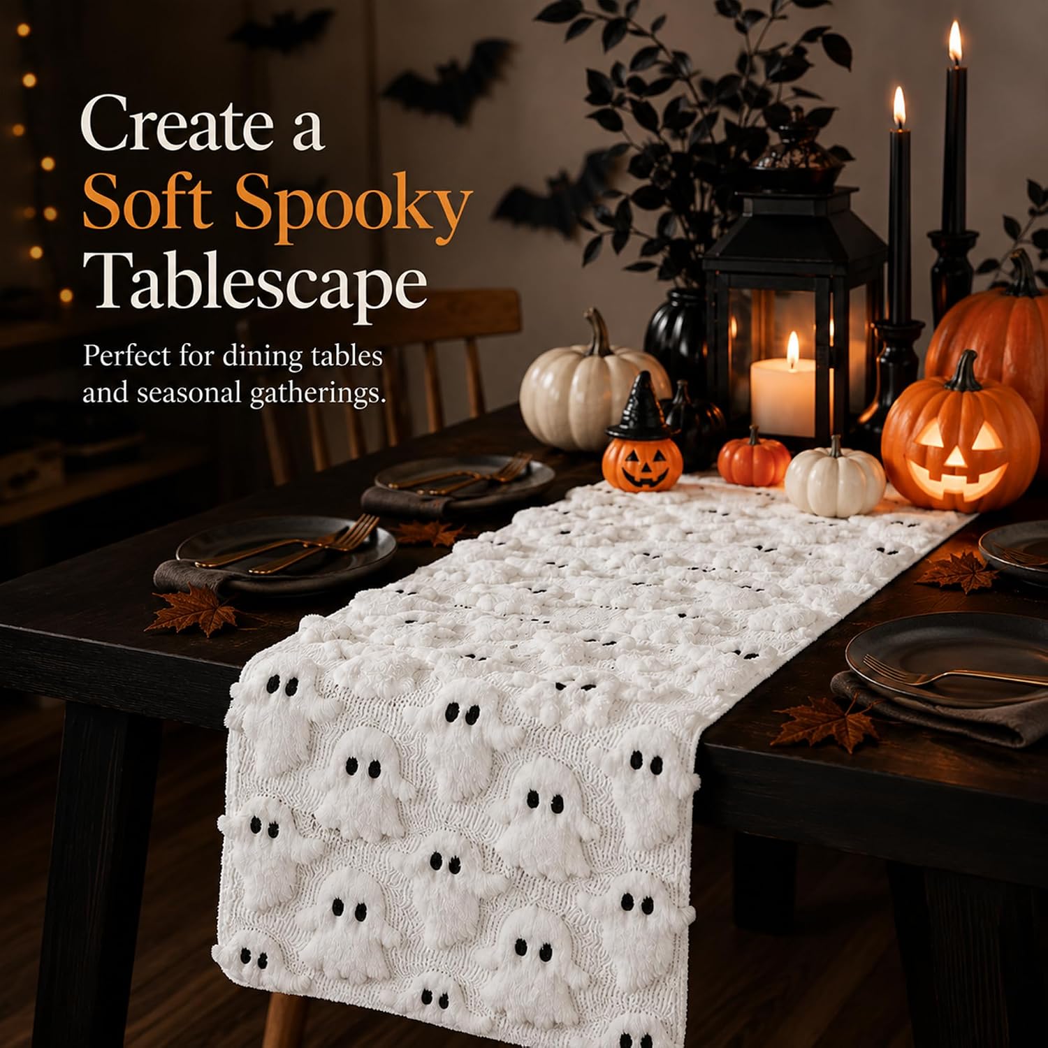 Halloween White Soft Faux Fur Ghost Halloween Table Runner 13x72 Inch thumbnail