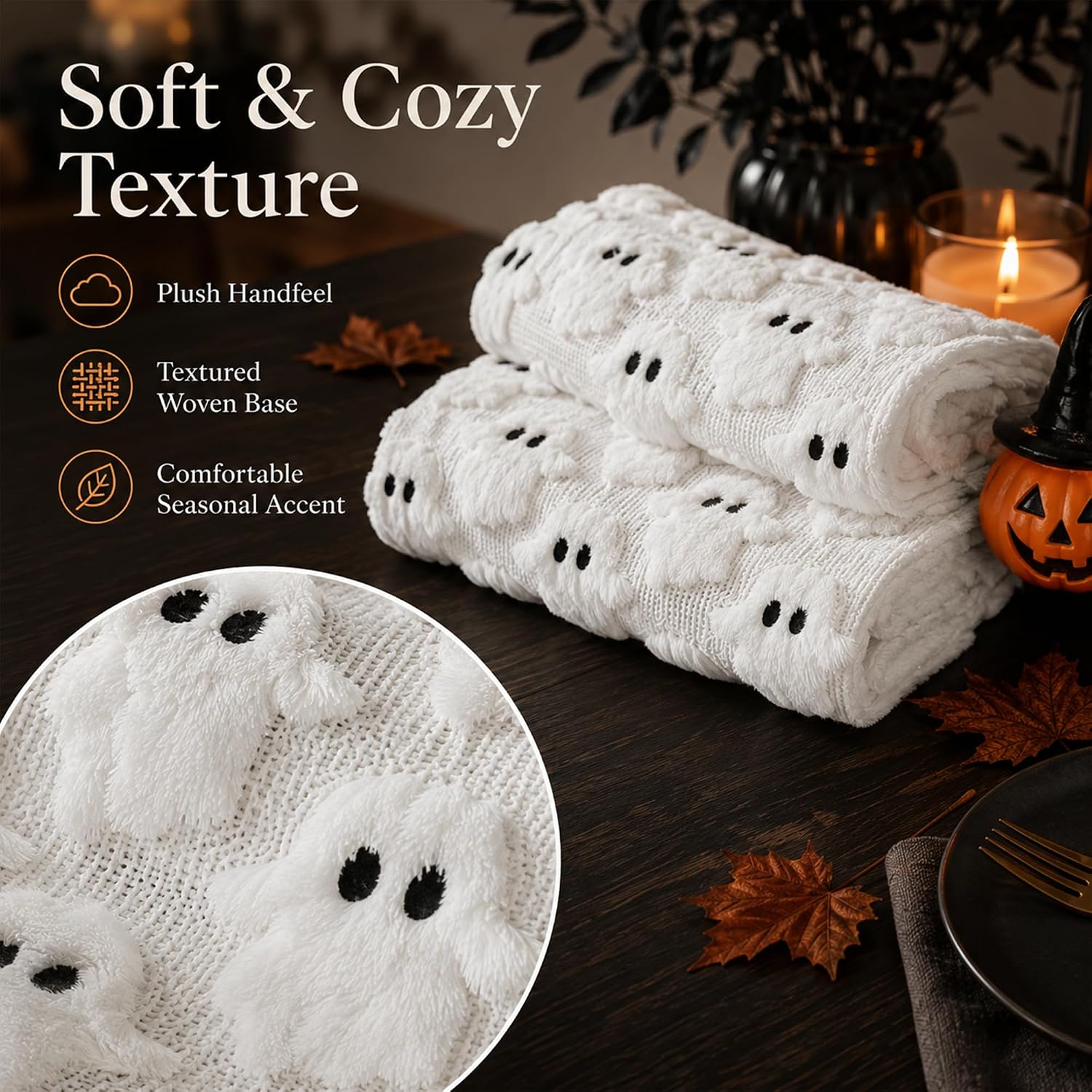 Halloween White Soft Faux Fur Ghost Halloween Table Runner 13x72 Inch thumbnail