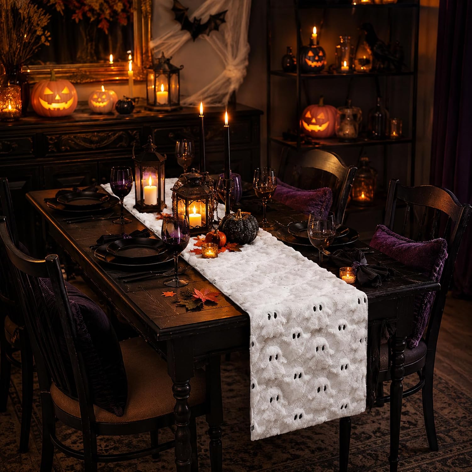 Halloween White Soft Faux Fur Ghost Halloween Table Runner 13x72 Inch thumbnail