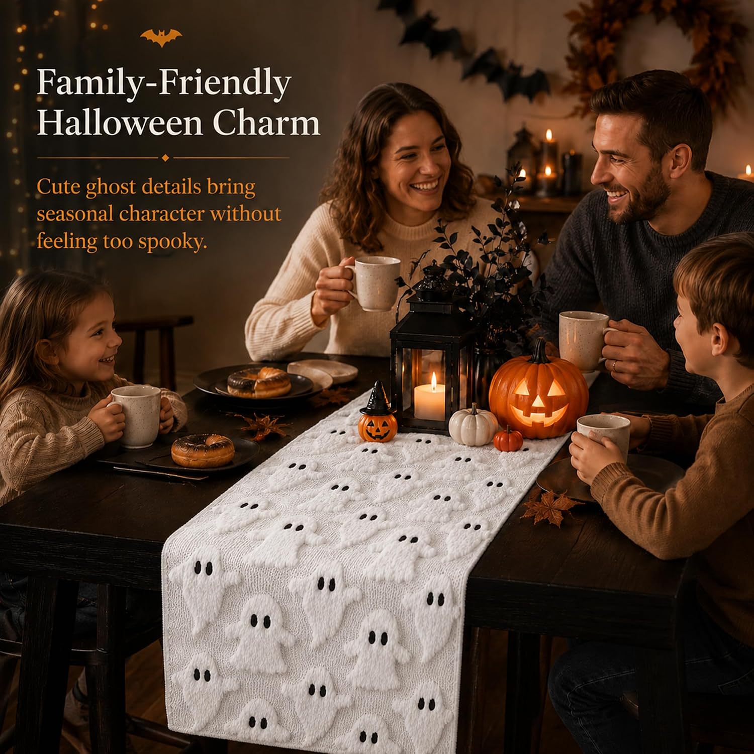 Halloween White Soft Faux Fur Ghost Halloween Table Runner 13x72 Inch thumbnail