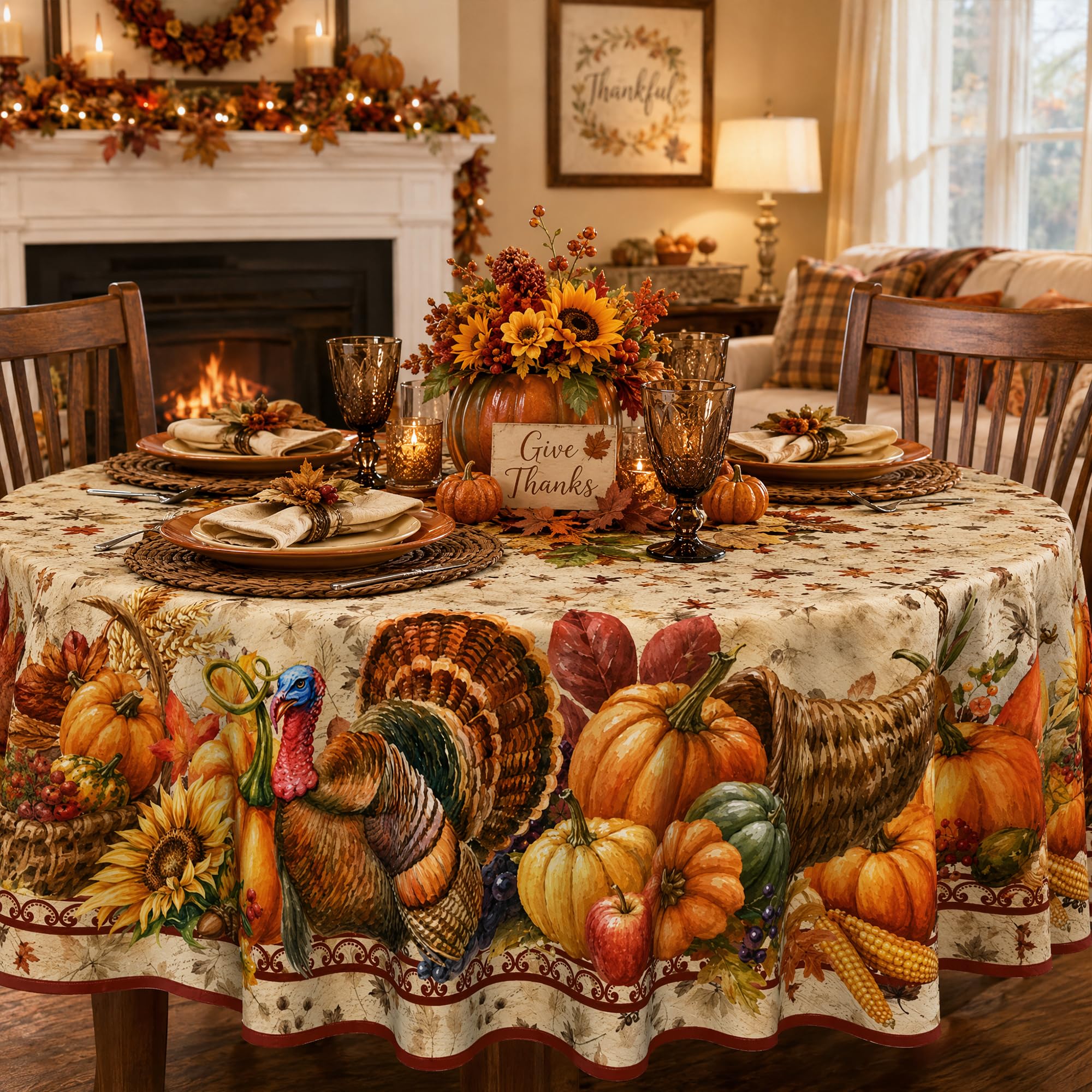 70 Inch Round Fall Thanksgiving Tablecloth, Vintage Pumpkin Turkey Sunflower Harvest Border Round Table Cover, Christmas Holiday Waterproof Polyester Table Cloth for Dinner Kitchen Home Party