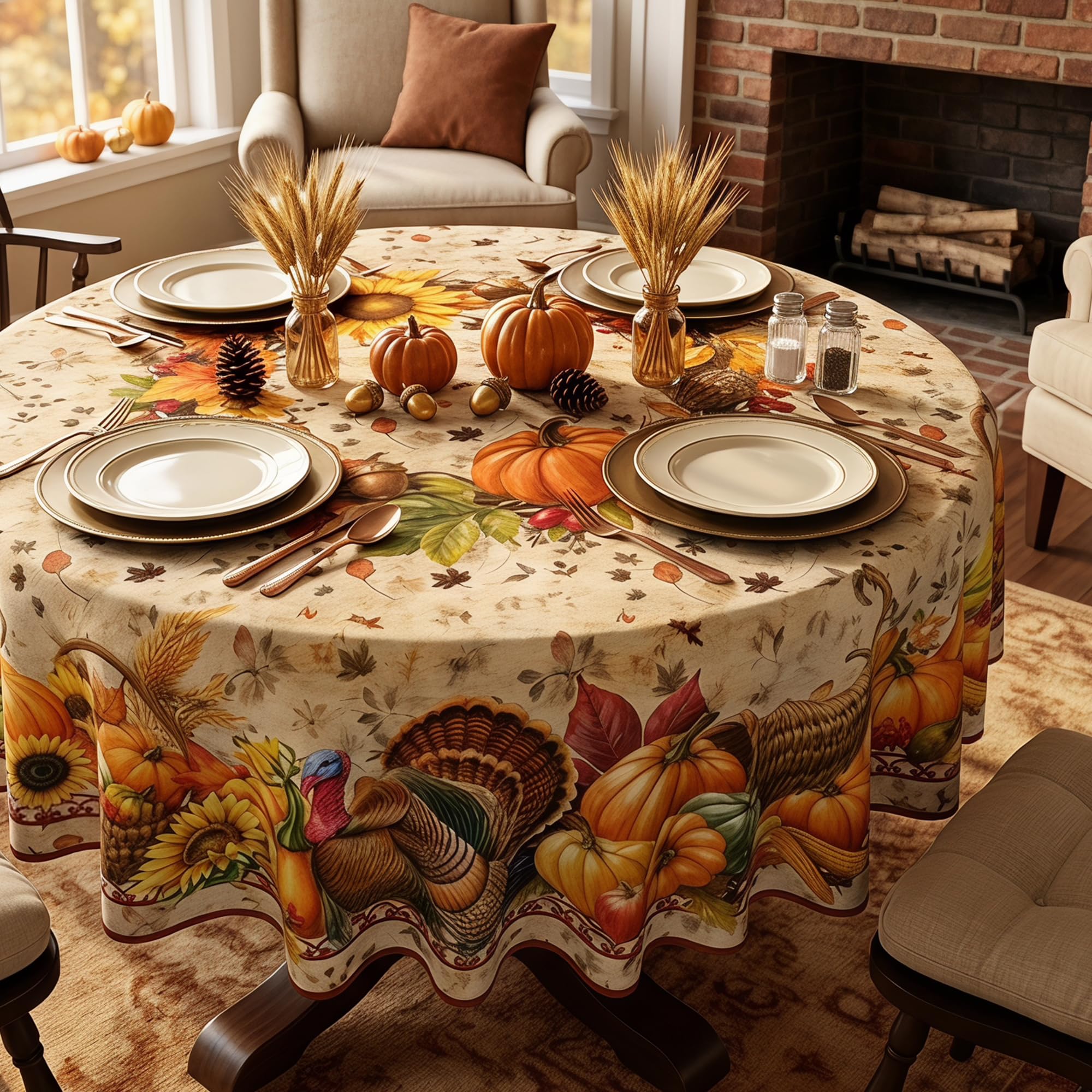 70 Inch Round Fall Thanksgiving Tablecloth, Vintage Pumpkin Turkey Sunflower Harvest Border Round Table Cover, Christmas Holiday Waterproof Polyester Table Cloth for Dinner Kitchen Home Party thumbnail