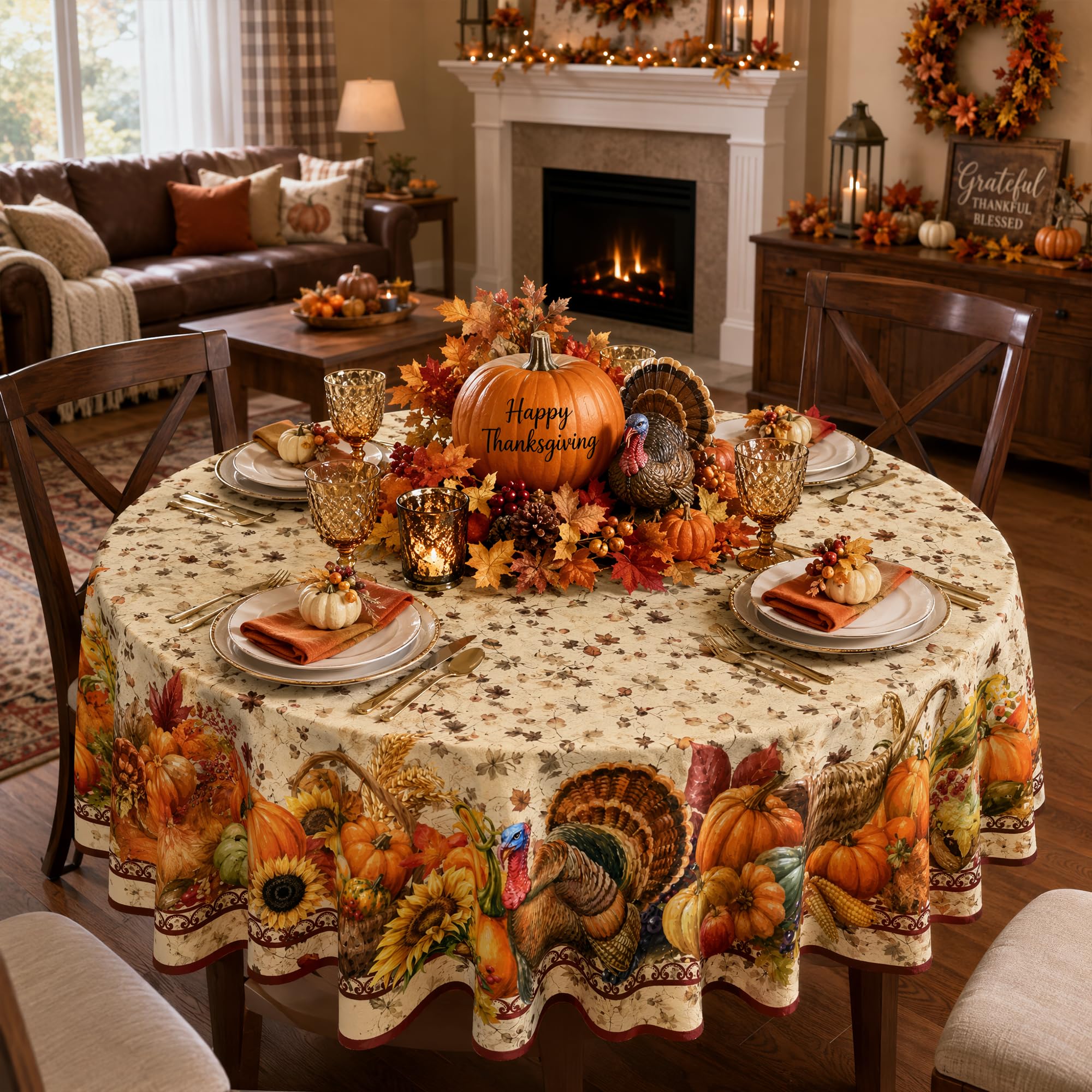 70 Inch Round Fall Thanksgiving Tablecloth, Vintage Pumpkin Turkey Sunflower Harvest Border Round Table Cover, Christmas Holiday Waterproof Polyester Table Cloth for Dinner Kitchen Home Party thumbnail