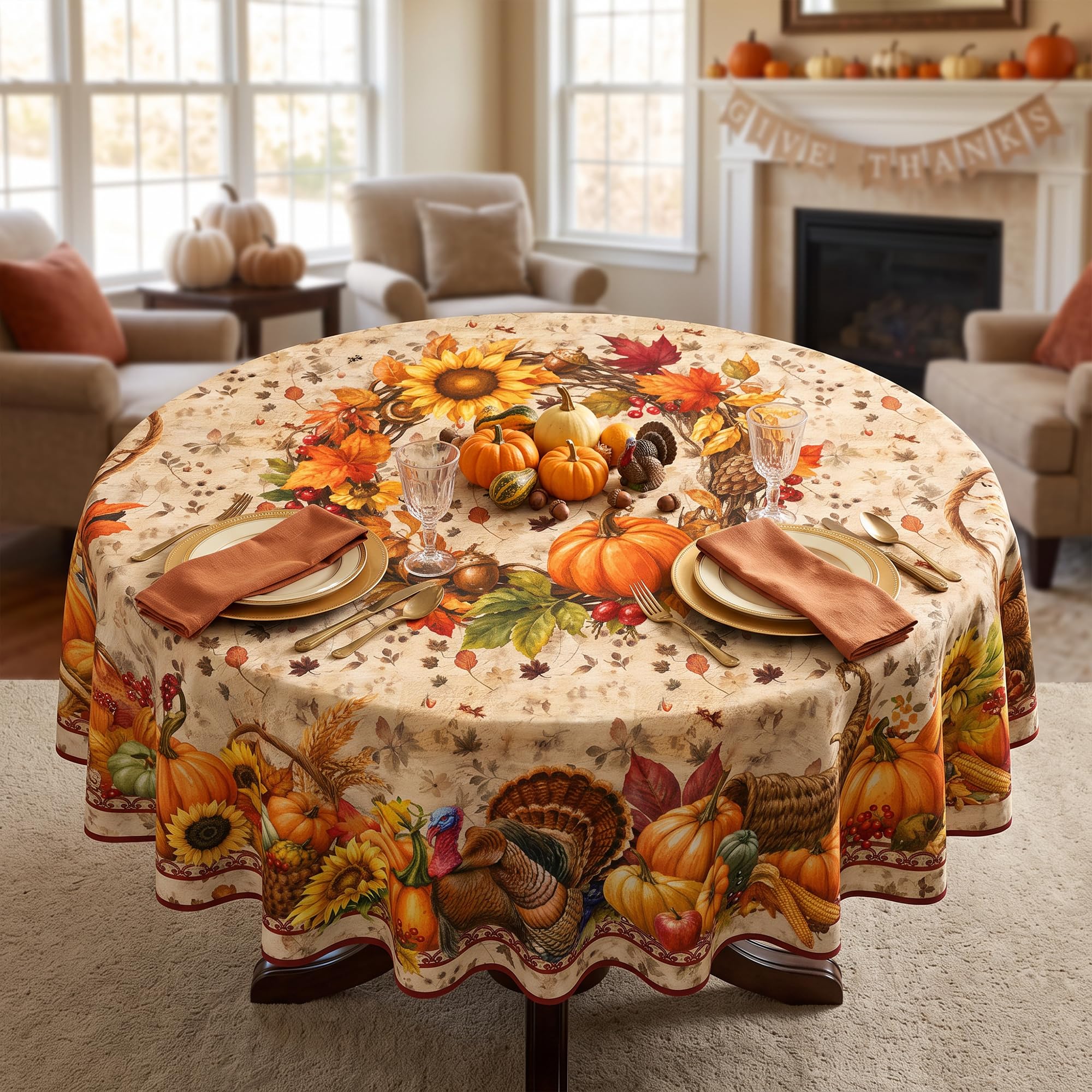 70 Inch Round Fall Thanksgiving Tablecloth, Vintage Pumpkin Turkey Sunflower Harvest Border Round Table Cover, Christmas Holiday Waterproof Polyester Table Cloth for Dinner Kitchen Home Party thumbnail