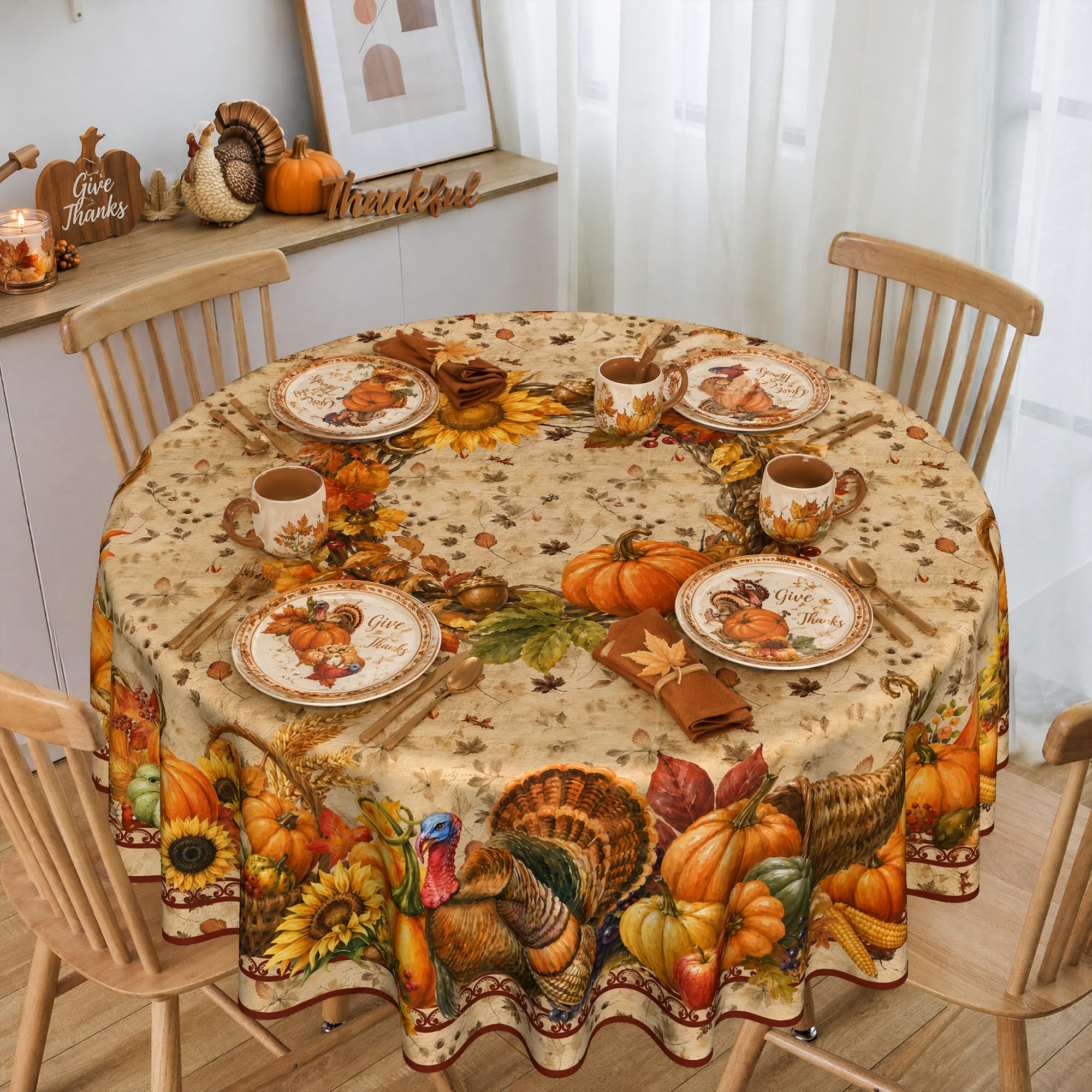 70 Inch Round Fall Thanksgiving Tablecloth, Vintage Pumpkin Turkey Sunflower Harvest Border Round Table Cover, Christmas Holiday Waterproof Polyester Table Cloth for Dinner Kitchen Home Party thumbnail