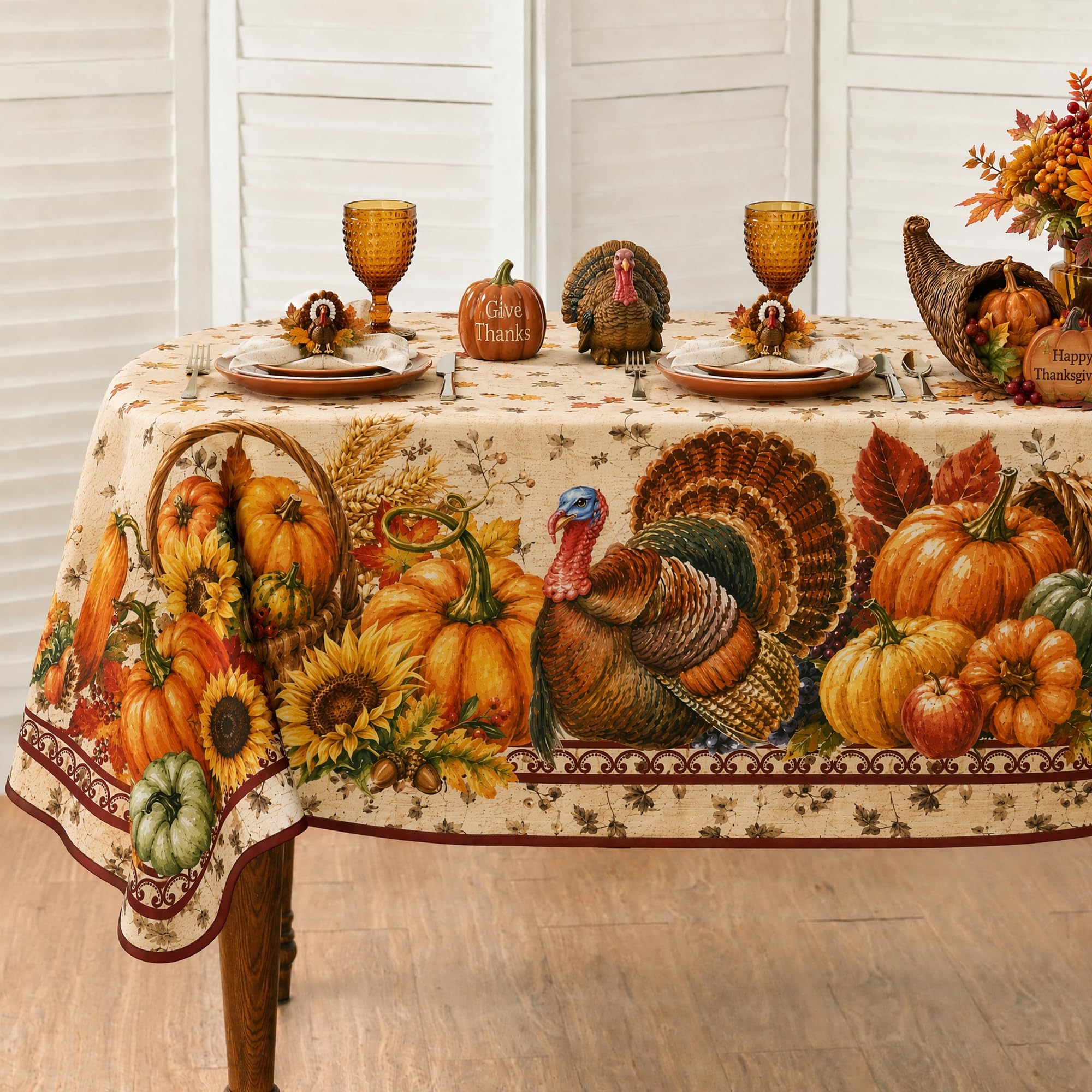 70 Inch Round Fall Thanksgiving Tablecloth, Vintage Pumpkin Turkey Sunflower Harvest Border Round Table Cover, Christmas Holiday Waterproof Polyester Table Cloth for Dinner Kitchen Home Party thumbnail