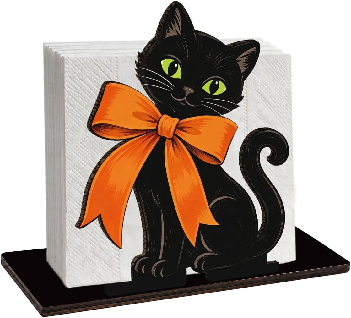 Cute Halloween Wooden Napkin Holder for Table, Black Cat Orange Bow Decor