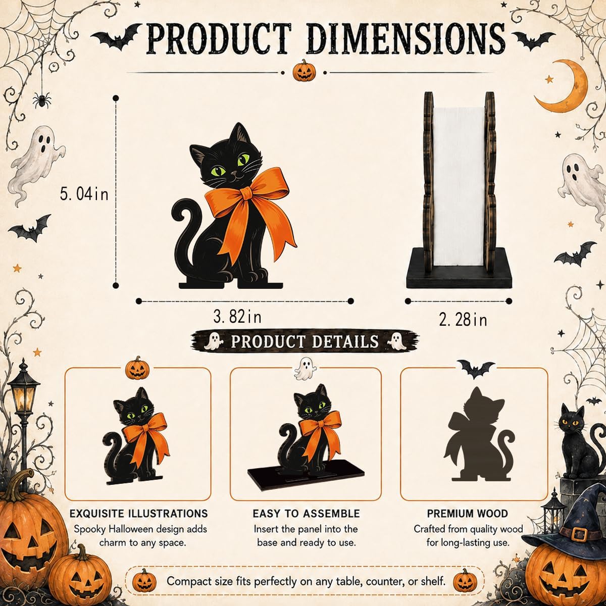 Cute Halloween Wooden Napkin Holder for Table, Black Cat Orange Bow Decor thumbnail