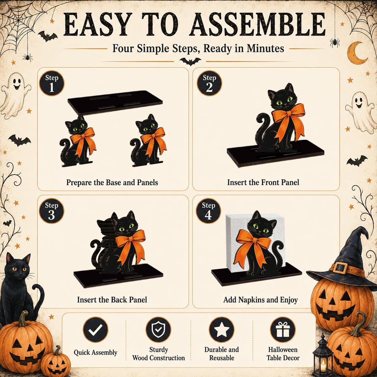 Cute Halloween Wooden Napkin Holder for Table, Black Cat Orange Bow Decor thumbnail