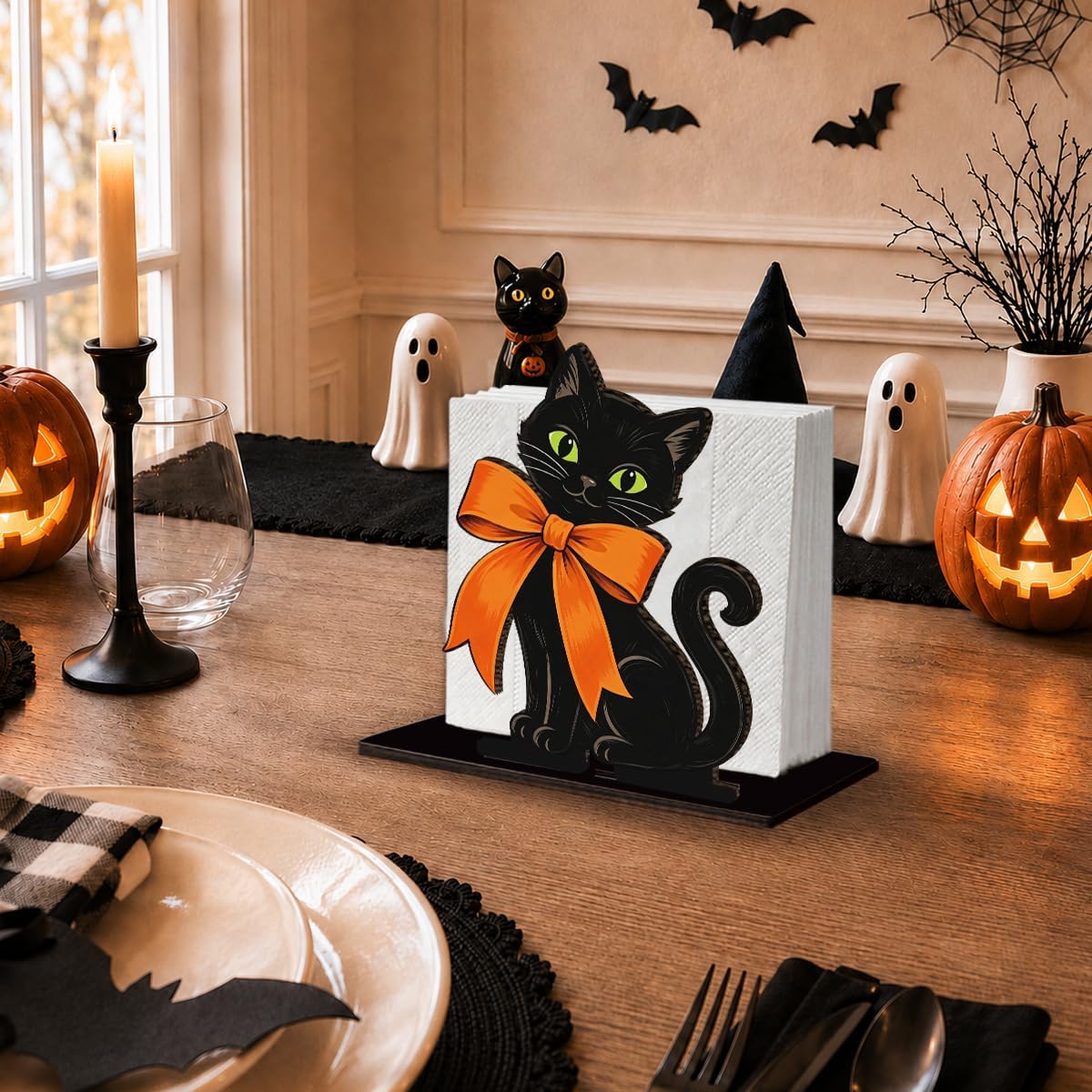 Cute Halloween Wooden Napkin Holder for Table, Black Cat Orange Bow Decor thumbnail