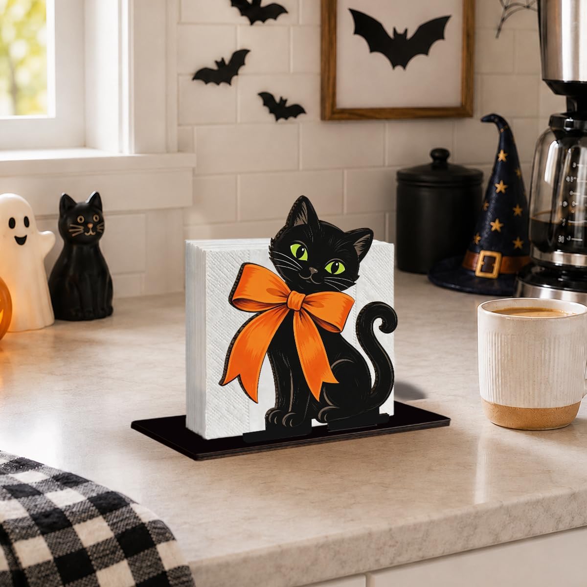 Cute Halloween Wooden Napkin Holder for Table, Black Cat Orange Bow Decor thumbnail