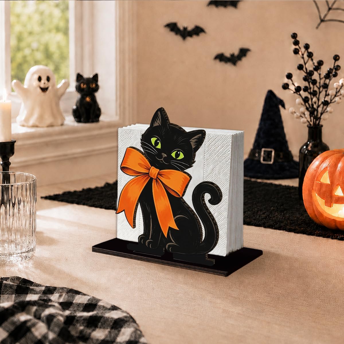 Cute Halloween Wooden Napkin Holder for Table, Black Cat Orange Bow Decor thumbnail