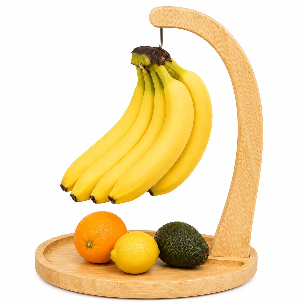 12.9" Bamboo Banana Holder with Fruit Tray, Banana Hanger Stand