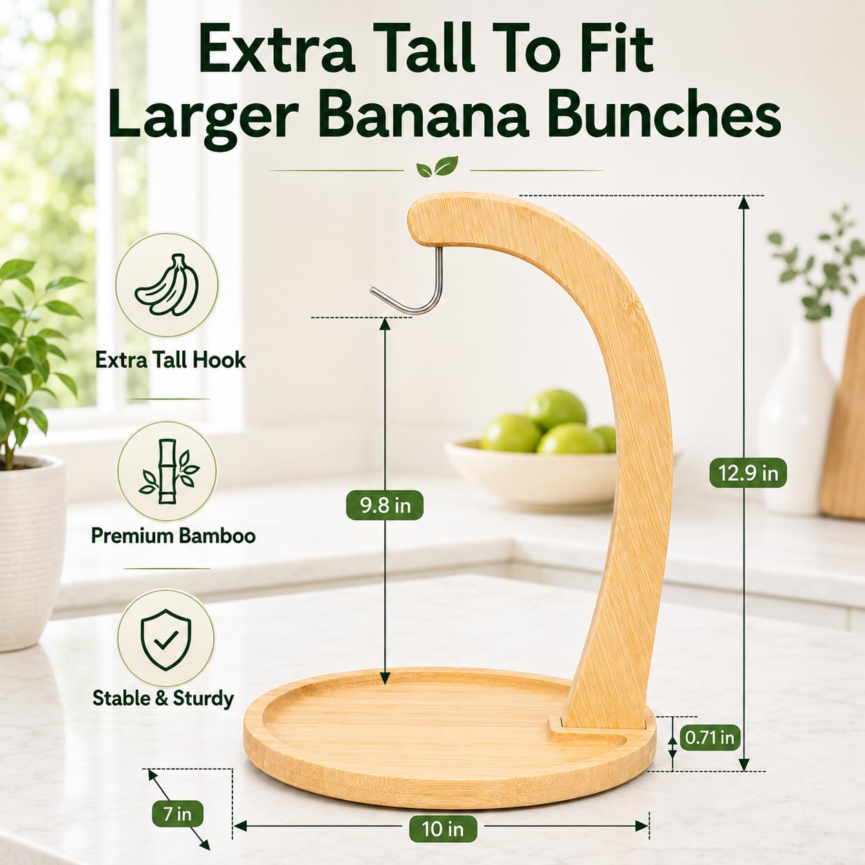12.9" Bamboo Banana Holder with Fruit Tray, Banana Hanger Stand thumbnail