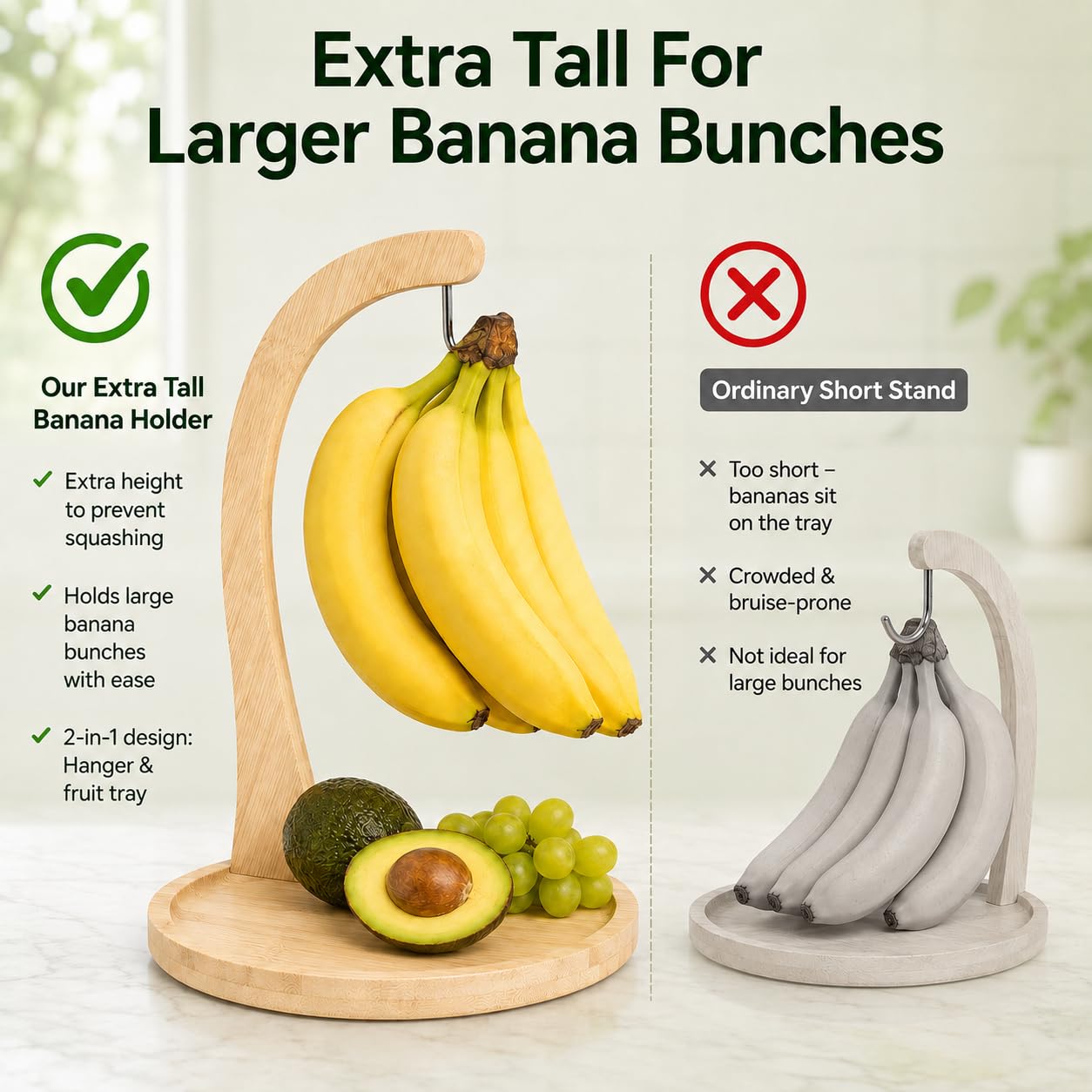 12.9" Bamboo Banana Holder with Fruit Tray, Banana Hanger Stand thumbnail