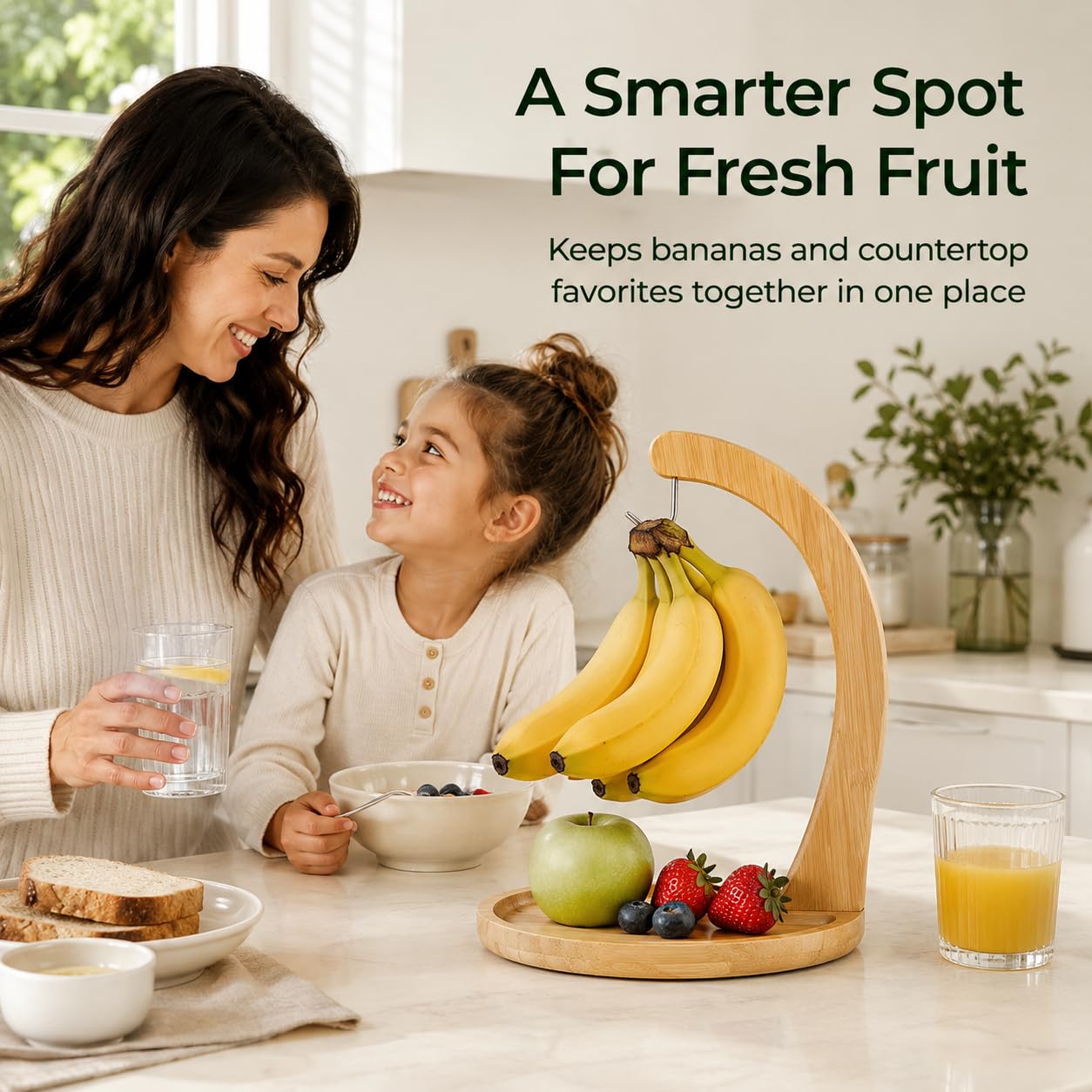 12.9" Bamboo Banana Holder with Fruit Tray, Banana Hanger Stand thumbnail