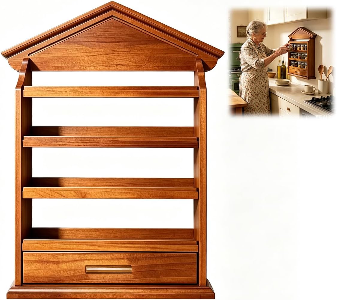 4 Tier Vintage Spice Jar Wooden Rack, Village Style Hanging Spice Rack