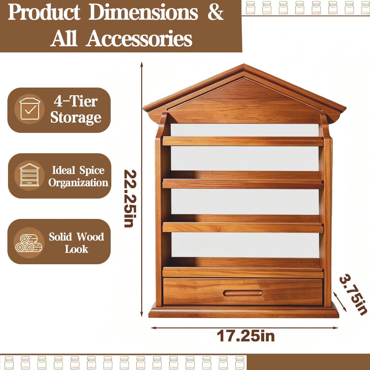 4 Tier Vintage Spice Jar Wooden Rack, Village Style Hanging Spice Rack thumbnail