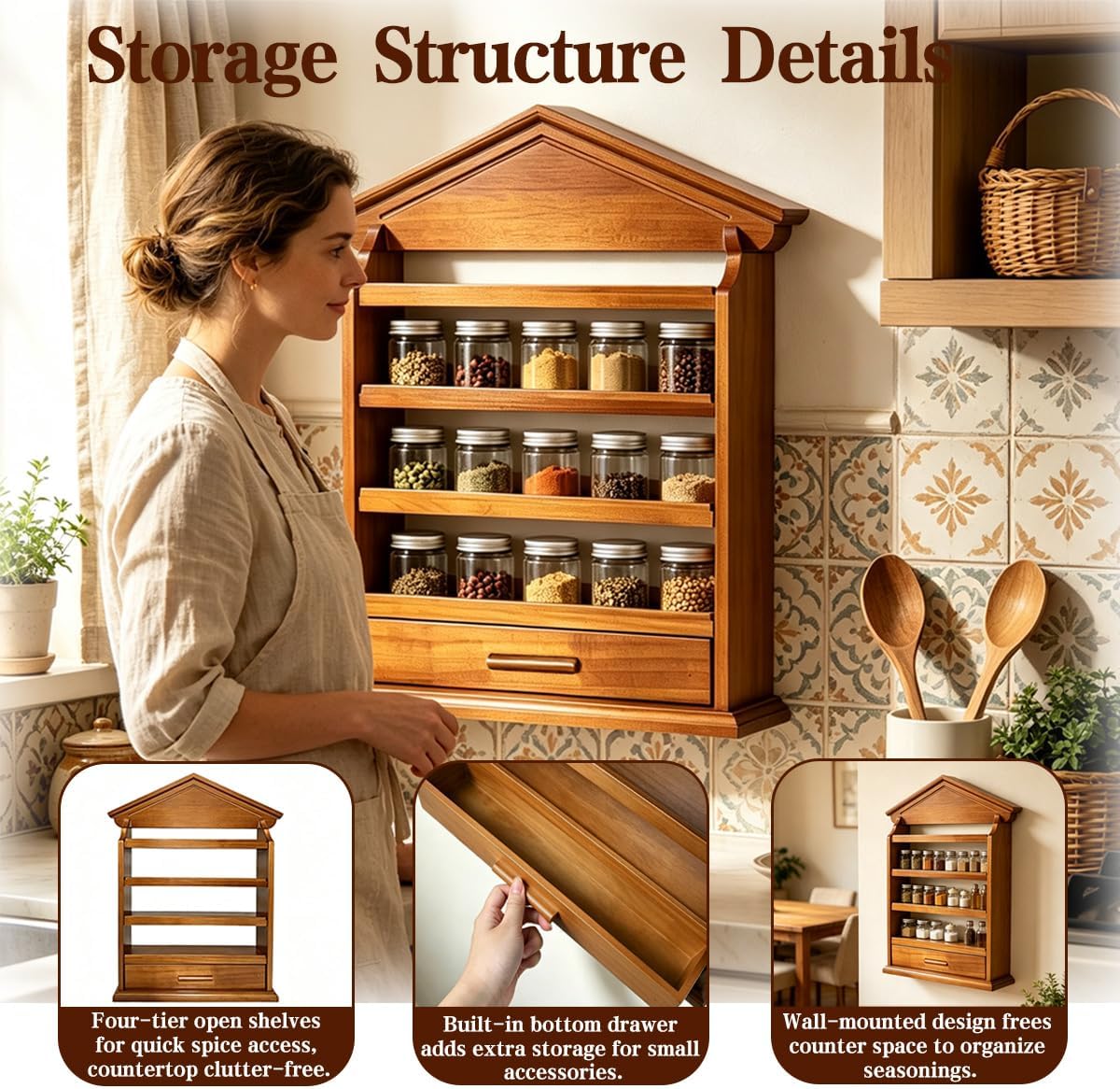 4 Tier Vintage Spice Jar Wooden Rack, Village Style Hanging Spice Rack thumbnail