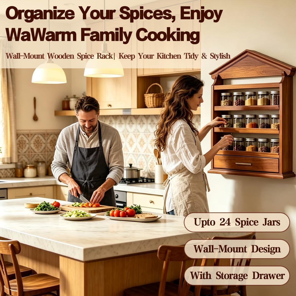 4 Tier Vintage Spice Jar Wooden Rack, Village Style Hanging Spice Rack thumbnail