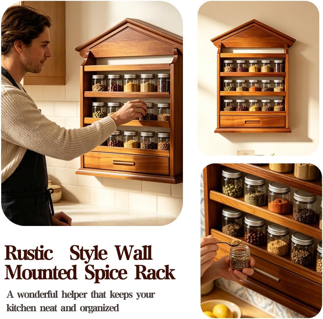 4 Tier Vintage Spice Jar Wooden Rack, Village Style Hanging Spice Rack thumbnail