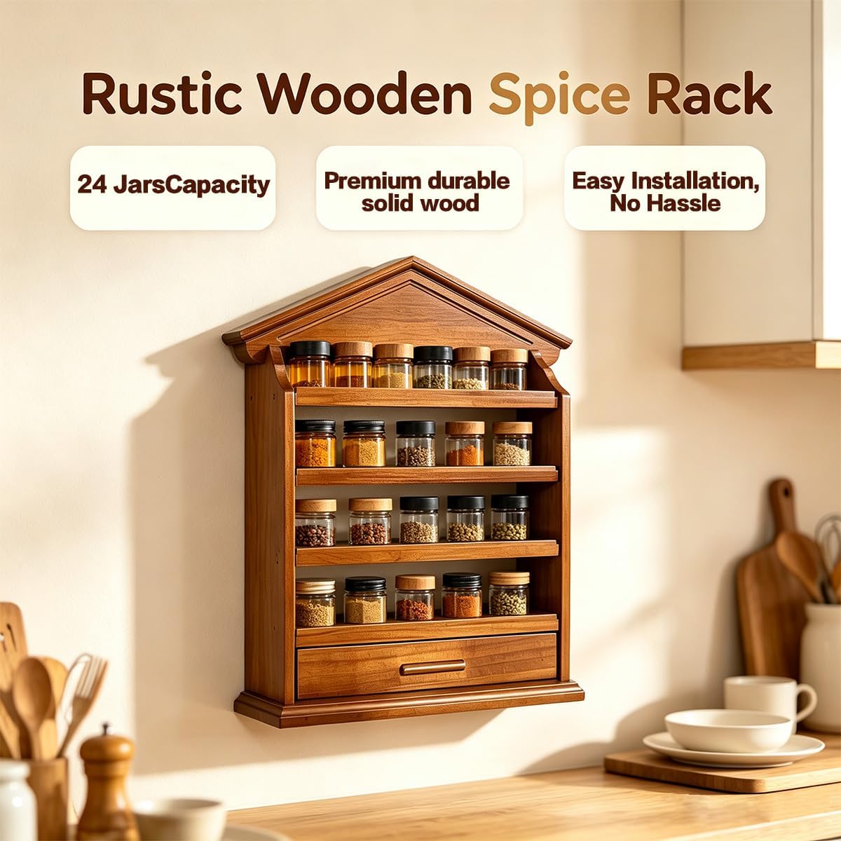 4 Tier Vintage Spice Jar Wooden Rack, Village Style Hanging Spice Rack thumbnail