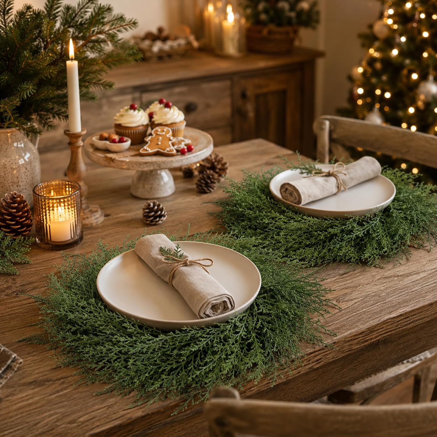 Christmas Placemats Set of 6 Xmas Round Artificial Cedar Greenery Place Mat thumbnail