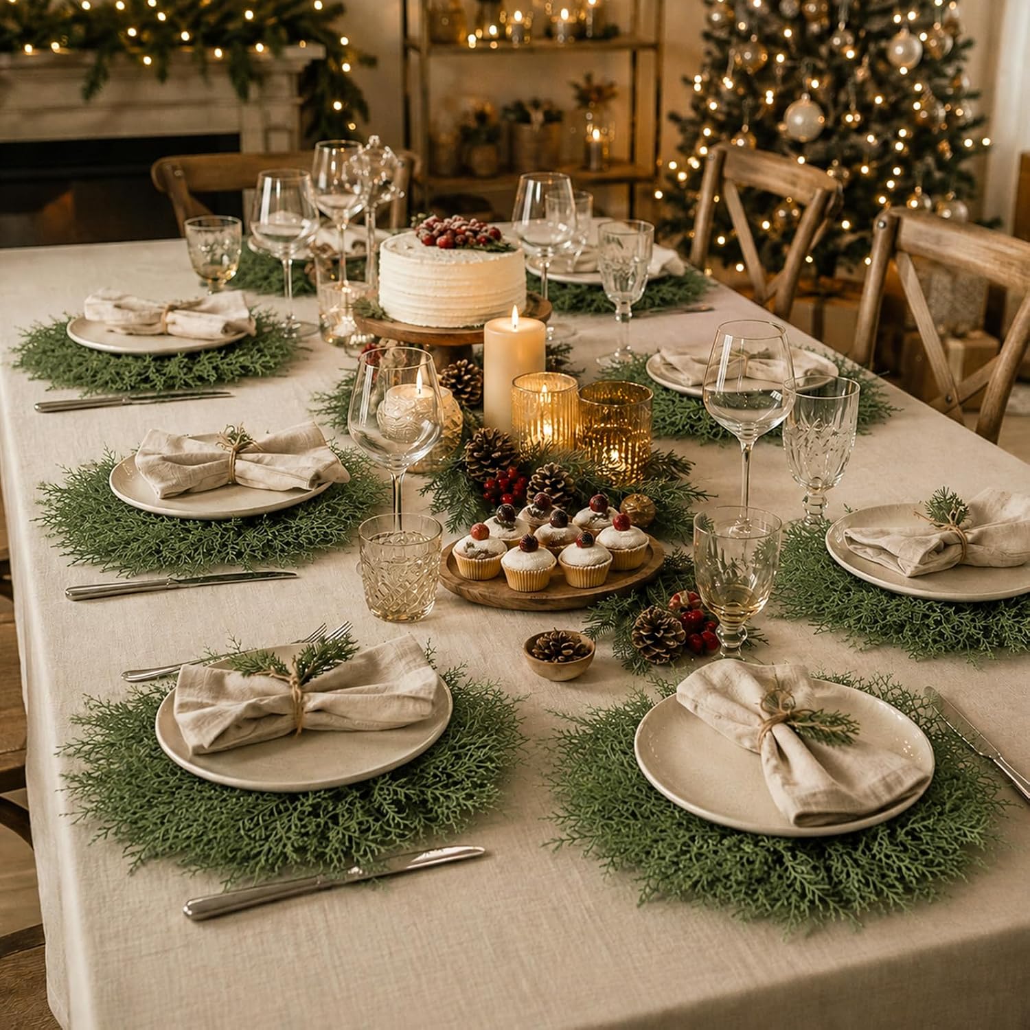 Christmas Placemats Set of 6 Xmas Round Artificial Cedar Greenery Place Mat thumbnail