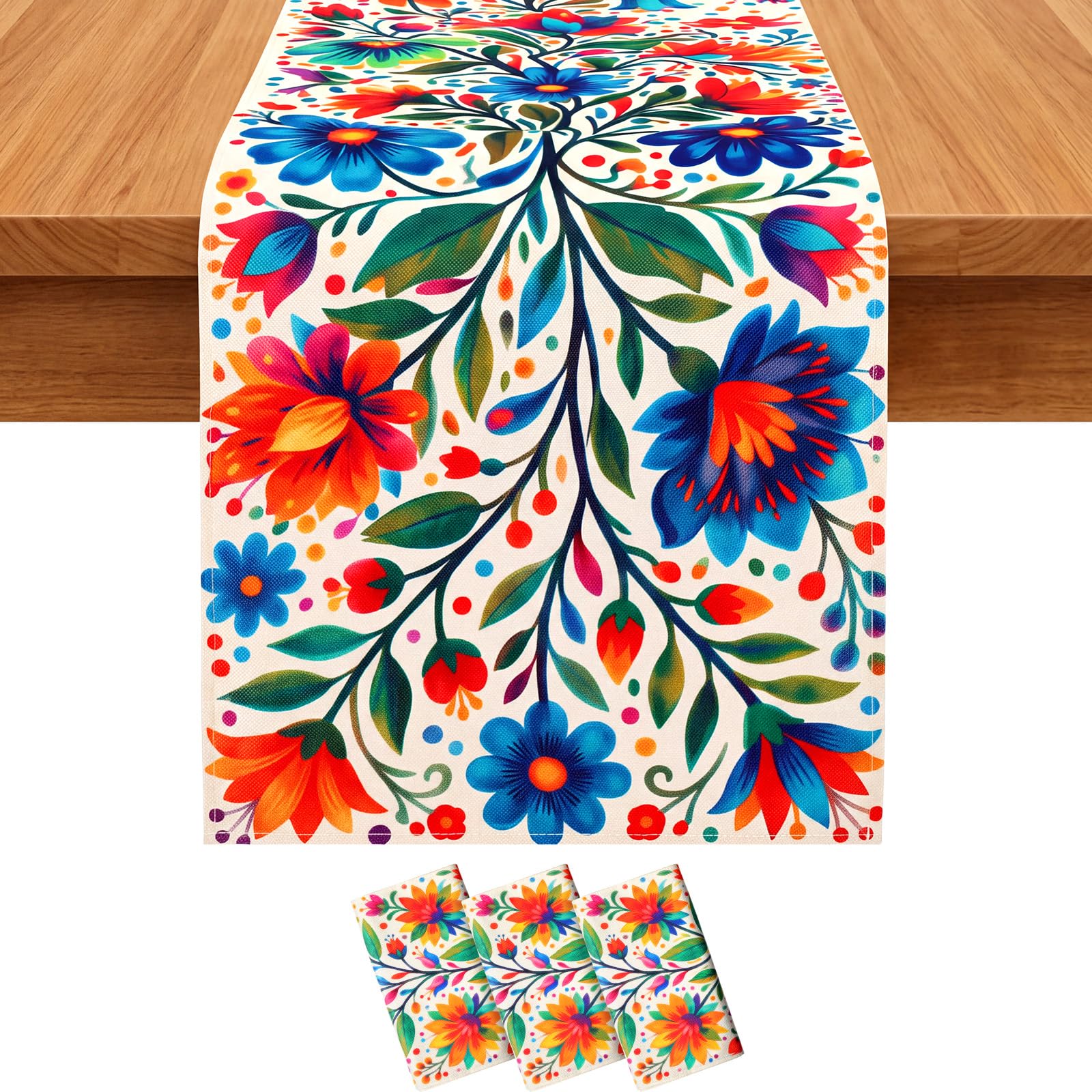 Panelee 3 Pcs Mexican Floral Table Runners, Day of The Dead Fiesta