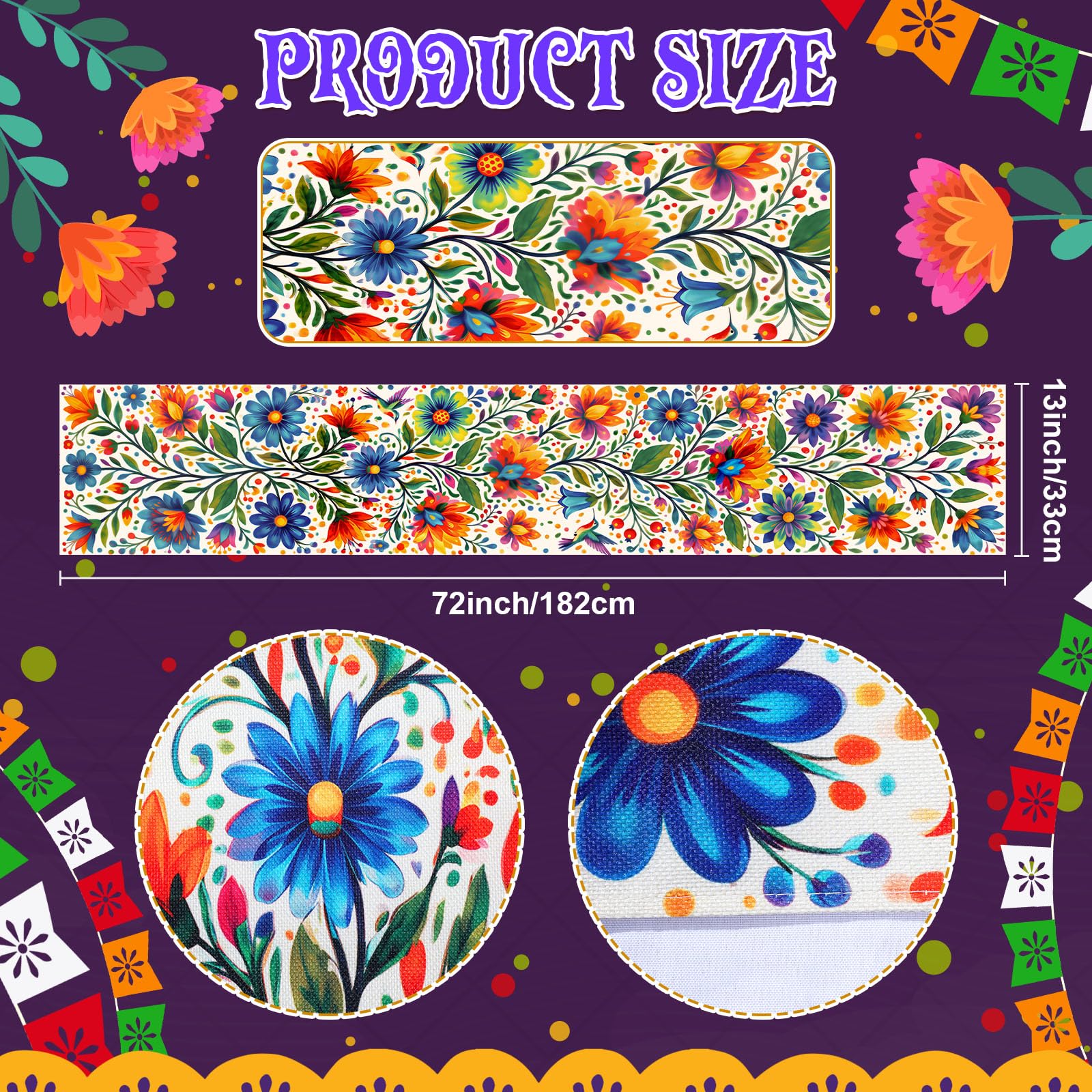 Panelee 3 Pcs Mexican Floral Table Runners, Day of The Dead Fiesta thumbnail