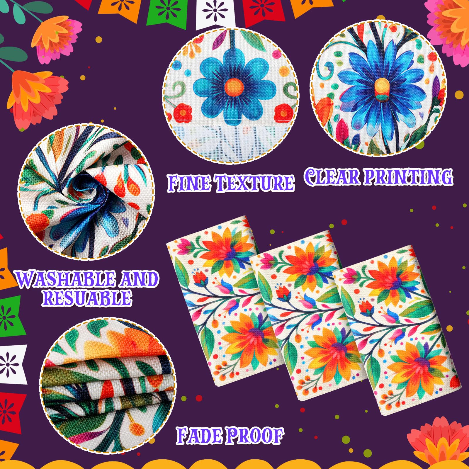 Panelee 3 Pcs Mexican Floral Table Runners, Day of The Dead Fiesta thumbnail