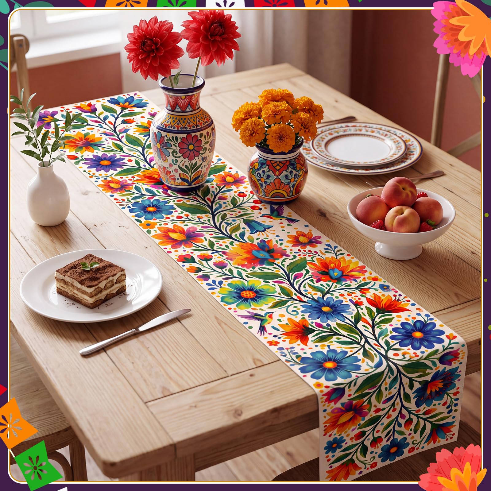 Panelee 3 Pcs Mexican Floral Table Runners, Day of The Dead Fiesta thumbnail