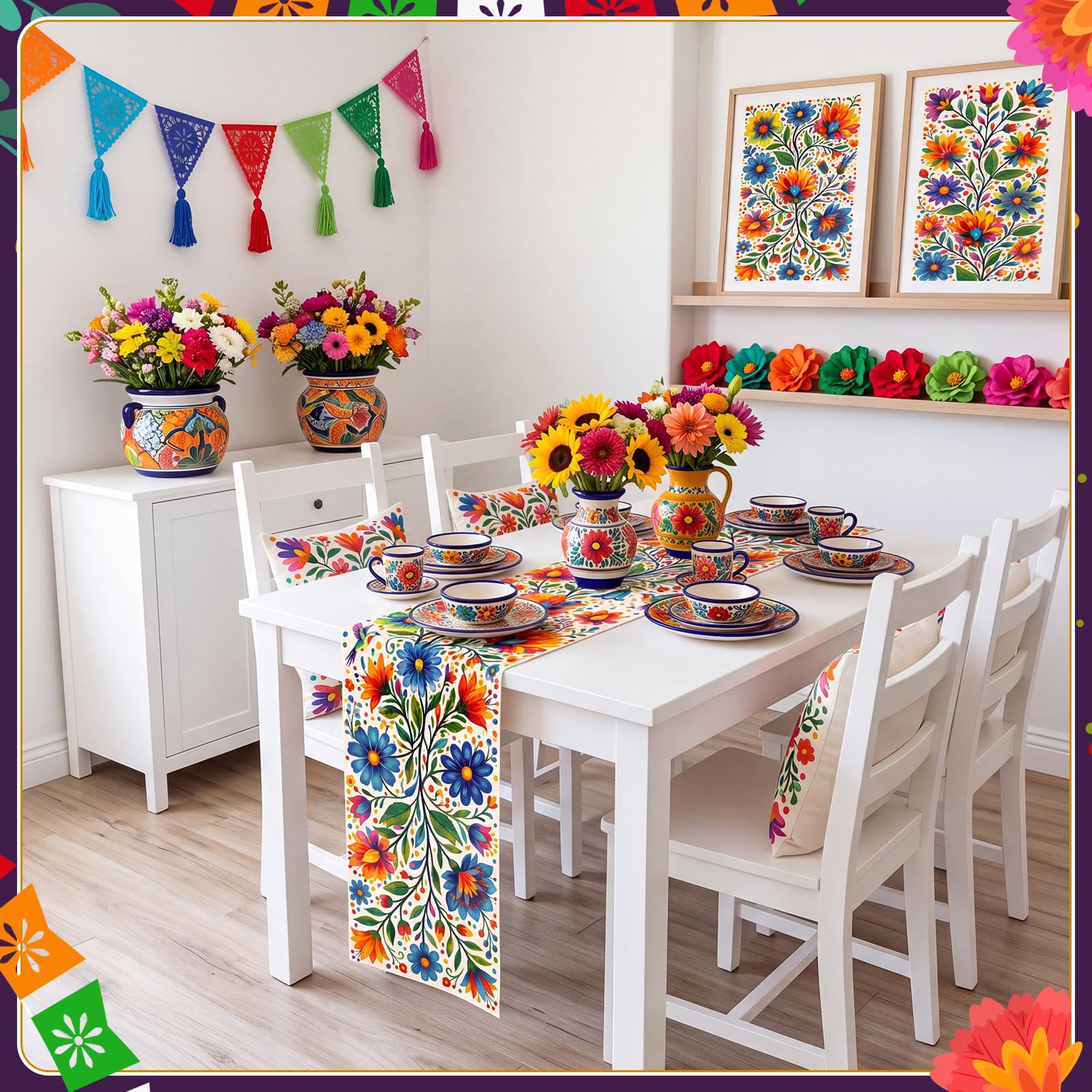Panelee 3 Pcs Mexican Floral Table Runners, Day of The Dead Fiesta thumbnail