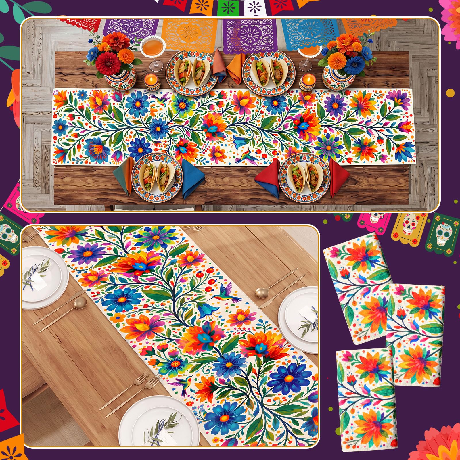 Panelee 3 Pcs Mexican Floral Table Runners, Day of The Dead Fiesta thumbnail