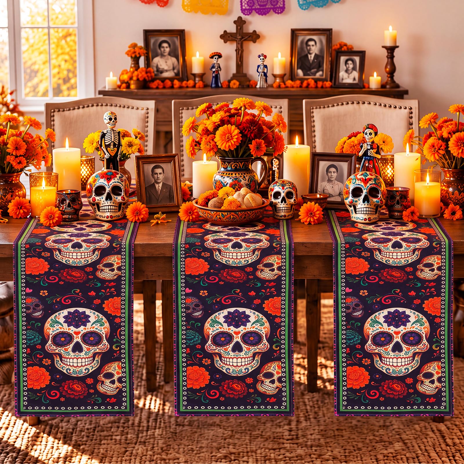 Panelee 3 Pcs Mexican Floral Table Runners, Day of The Dead Fiesta thumbnail