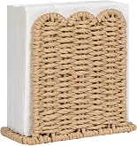 Scalloped Edge Paper Rope Napkin Dispenser for Table, Upright Woven Rattan Napkin Holder, Cocktail Napkin Holder for Kitchen Countertop Dining Table, Beige thumbnail