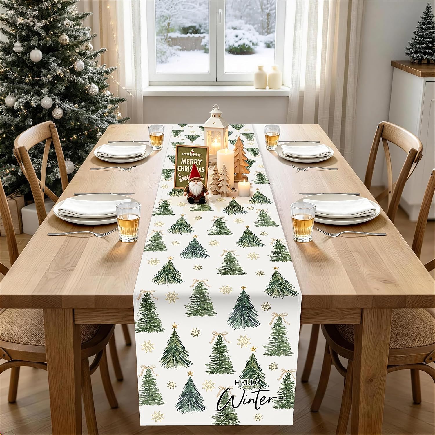 Bonhause Winter Christmas Trees Table Runner 210 GSM 13x72 Inch Home Decor thumbnail