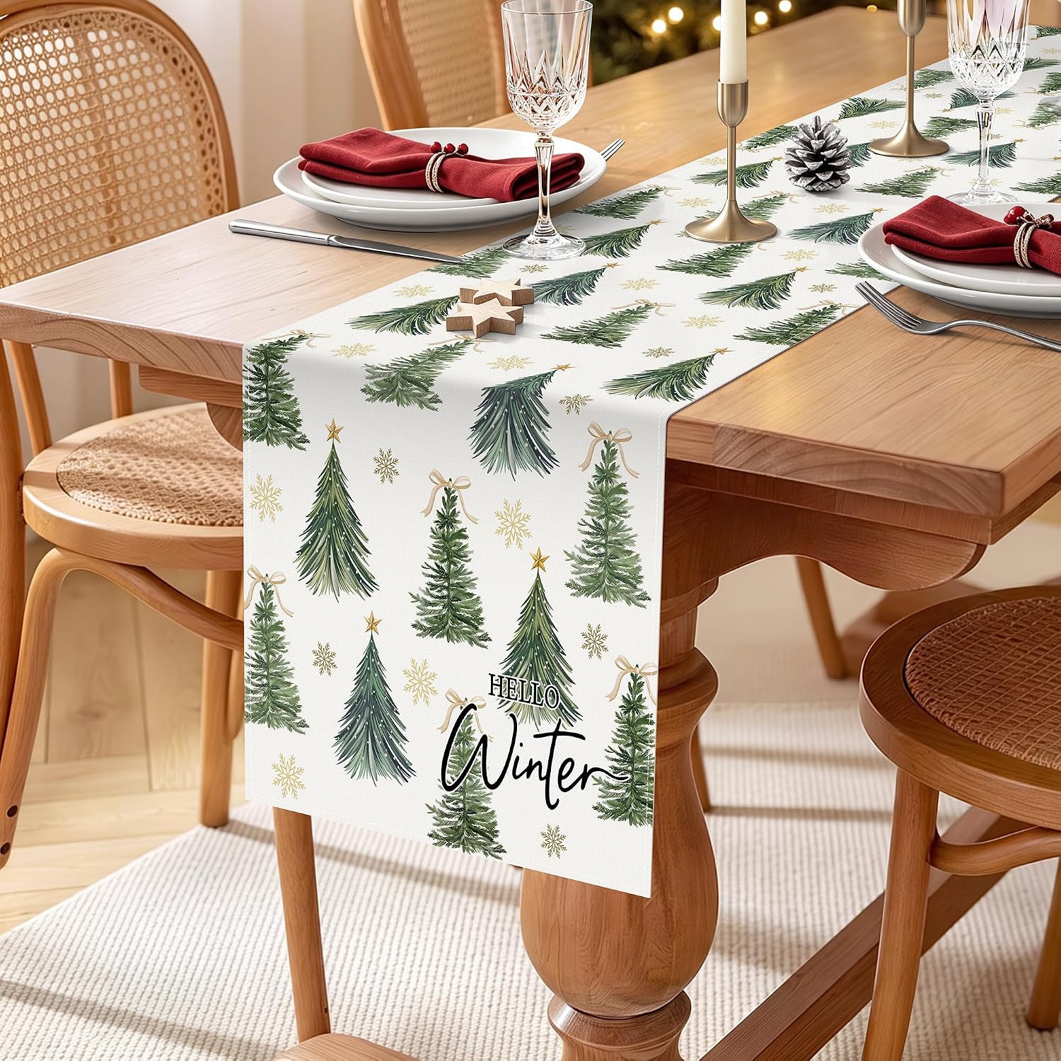 Bonhause Winter Christmas Trees Table Runner 210 GSM 13x72 Inch Home Decor thumbnail