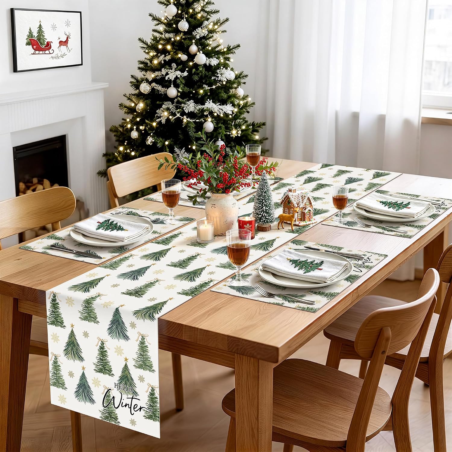 Bonhause Winter Christmas Trees Table Runner 210 GSM 13x72 Inch Home Decor thumbnail