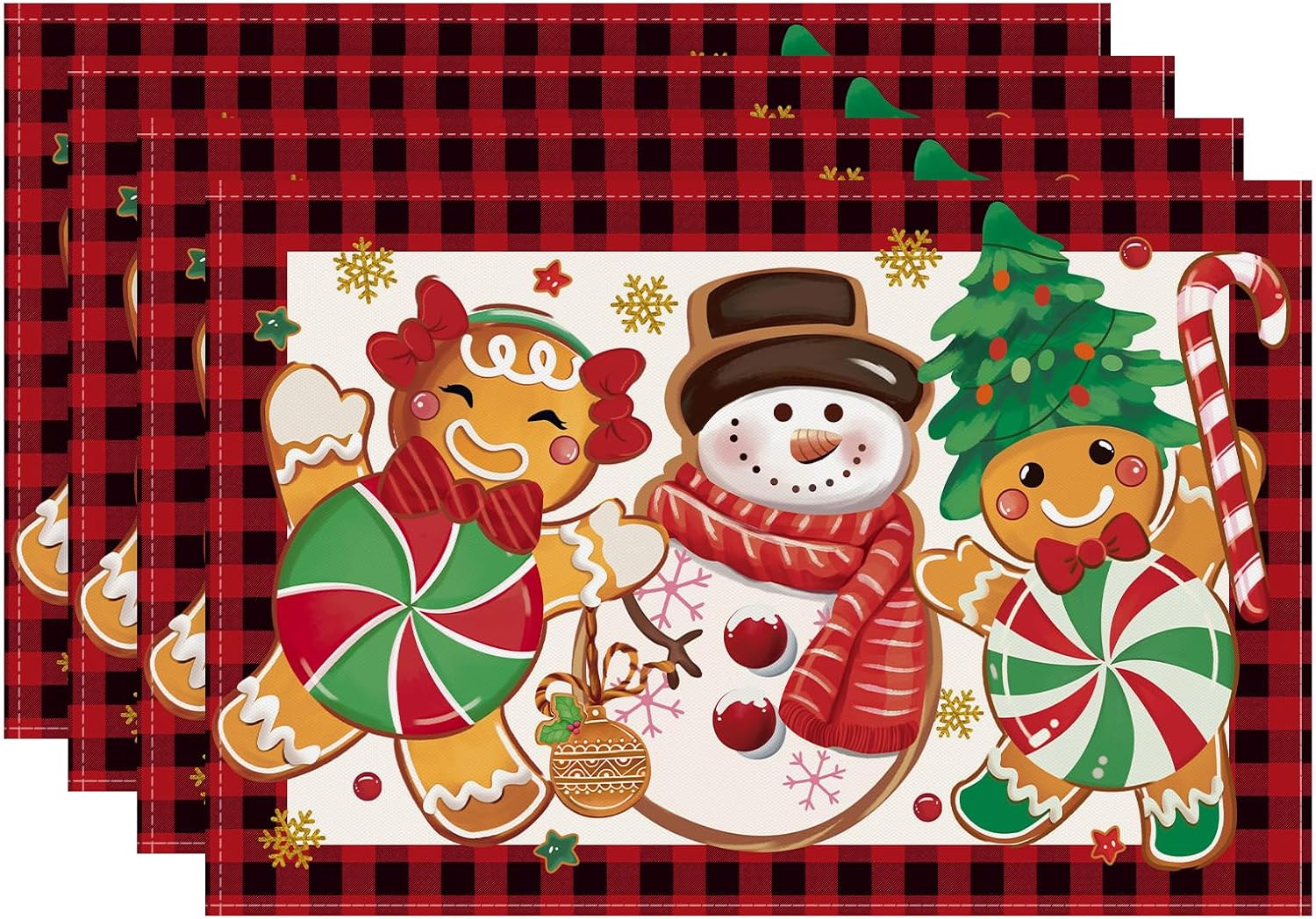 Bonhause Christmas Gingerbread Snowman Placemats Set of 4, 12x18 Inch