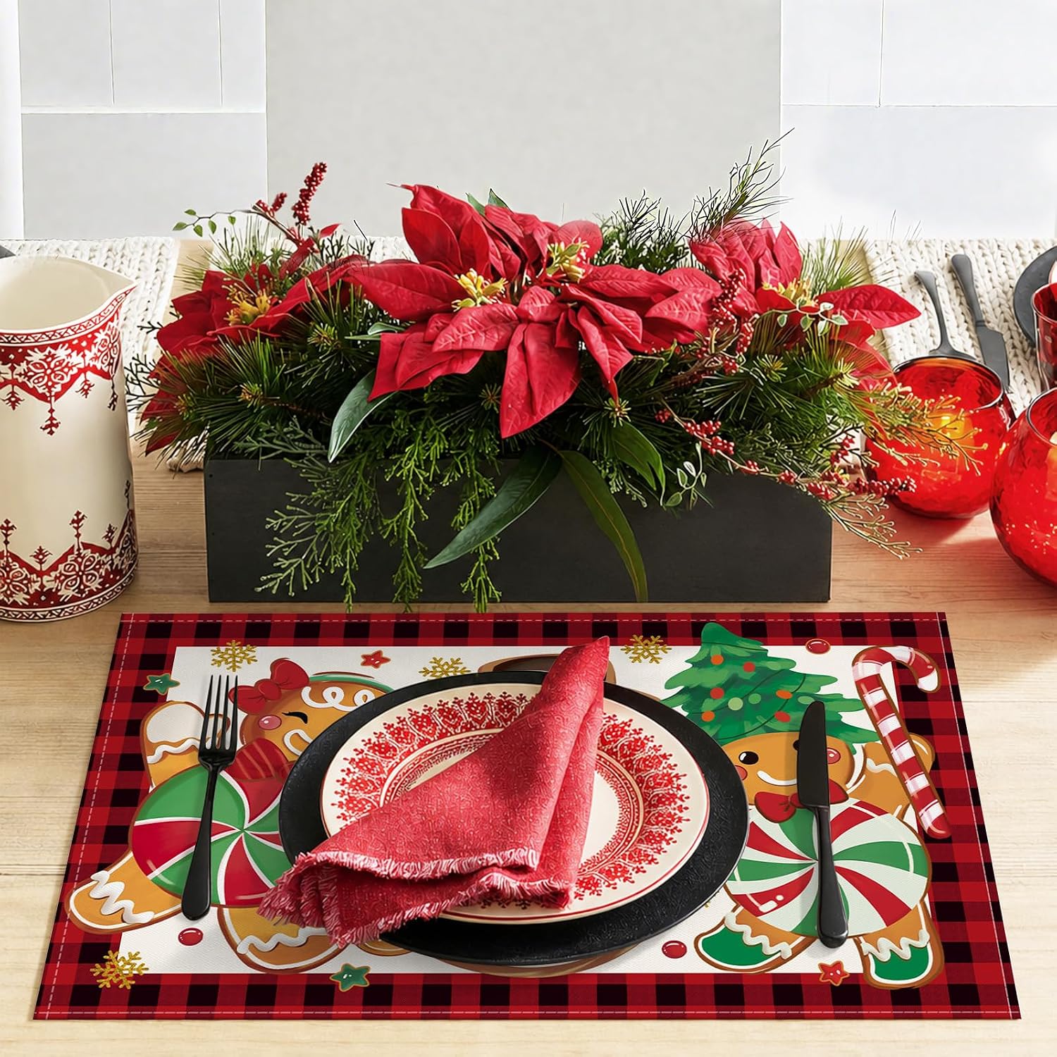 Bonhause Christmas Gingerbread Snowman Placemats Set of 4, 12x18 Inch thumbnail