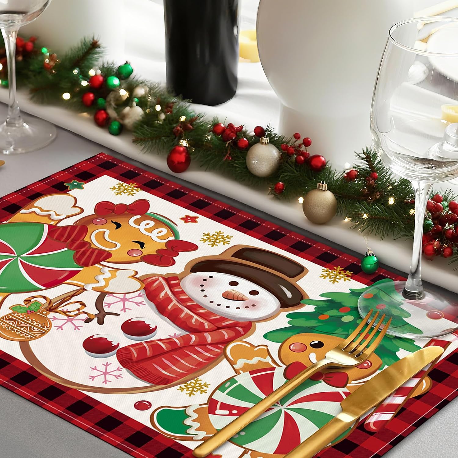 Bonhause Christmas Gingerbread Snowman Placemats Set of 4, 12x18 Inch thumbnail