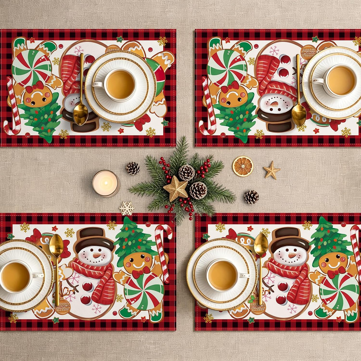 Bonhause Christmas Gingerbread Snowman Placemats Set of 4, 12x18 Inch thumbnail