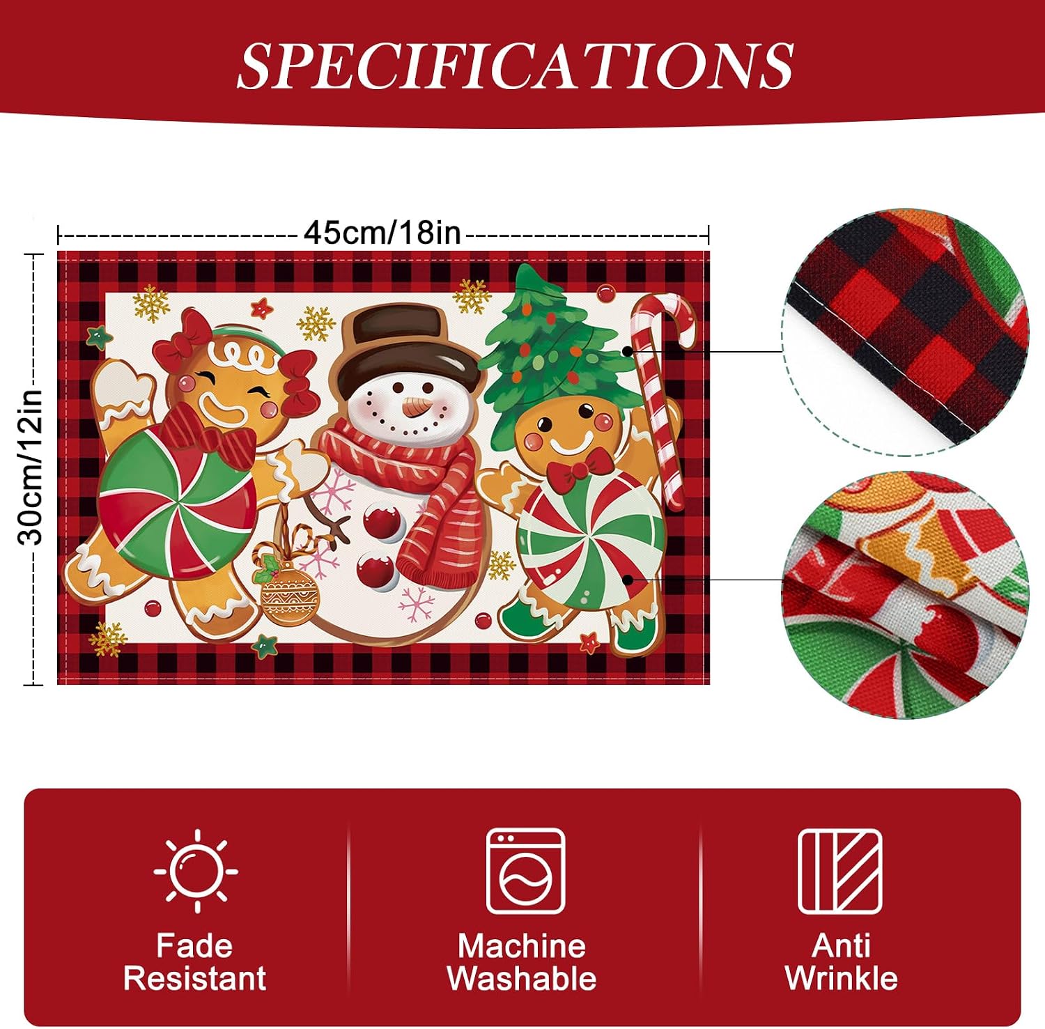Bonhause Christmas Gingerbread Snowman Placemats Set of 4, 12x18 Inch thumbnail
