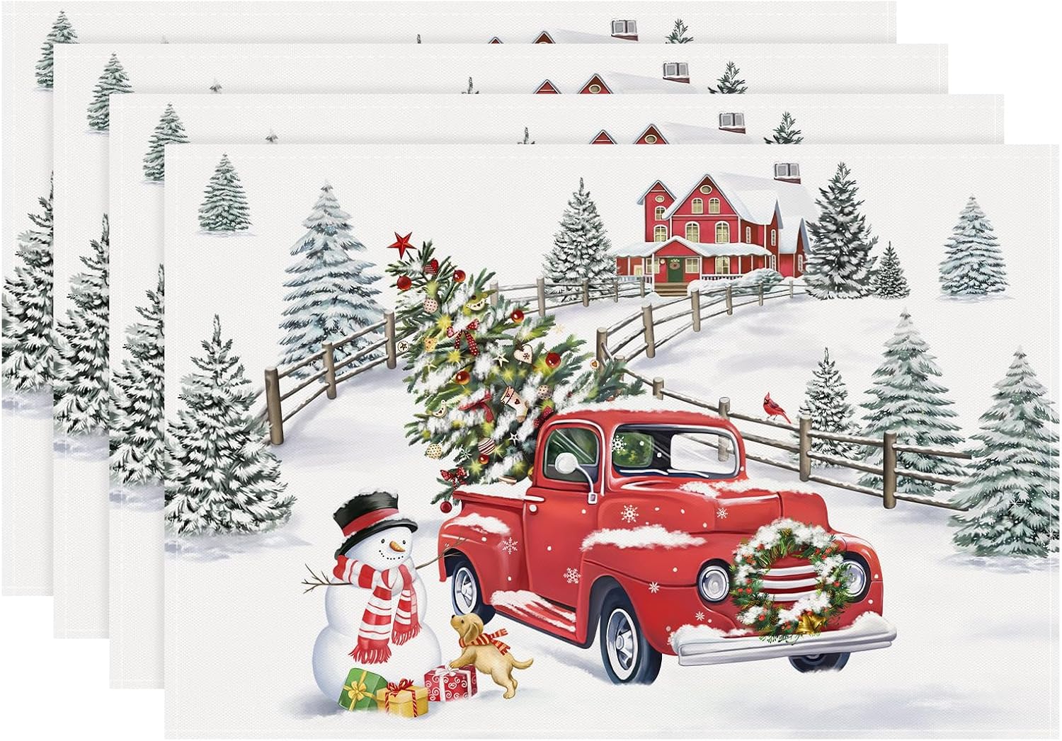 Bonhause Winter Christmas Truck Snowman Placemats Set of 4, 12x18 Inch