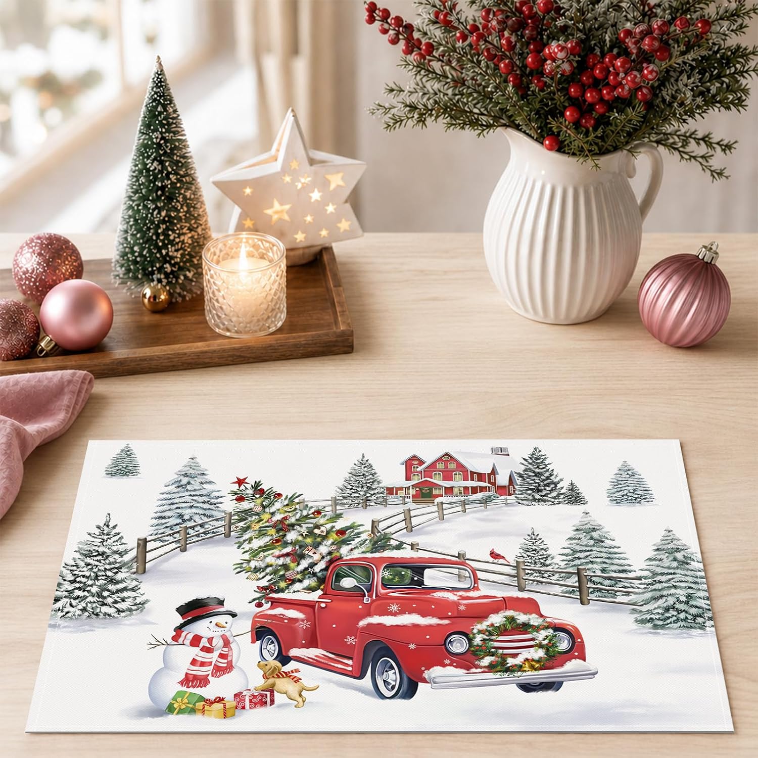 Bonhause Winter Christmas Truck Snowman Placemats Set of 4, 12x18 Inch thumbnail