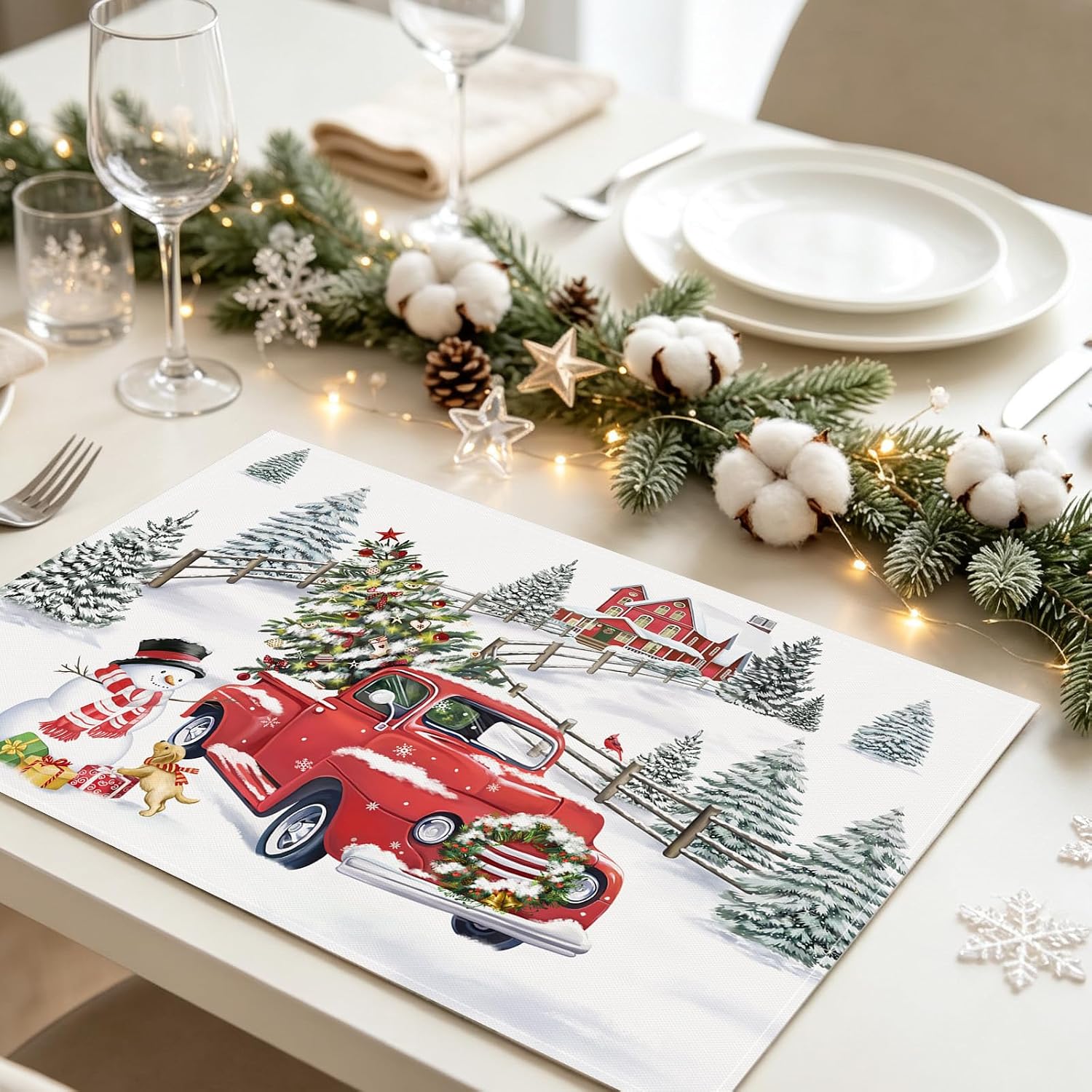 Bonhause Winter Christmas Truck Snowman Placemats Set of 4, 12x18 Inch thumbnail