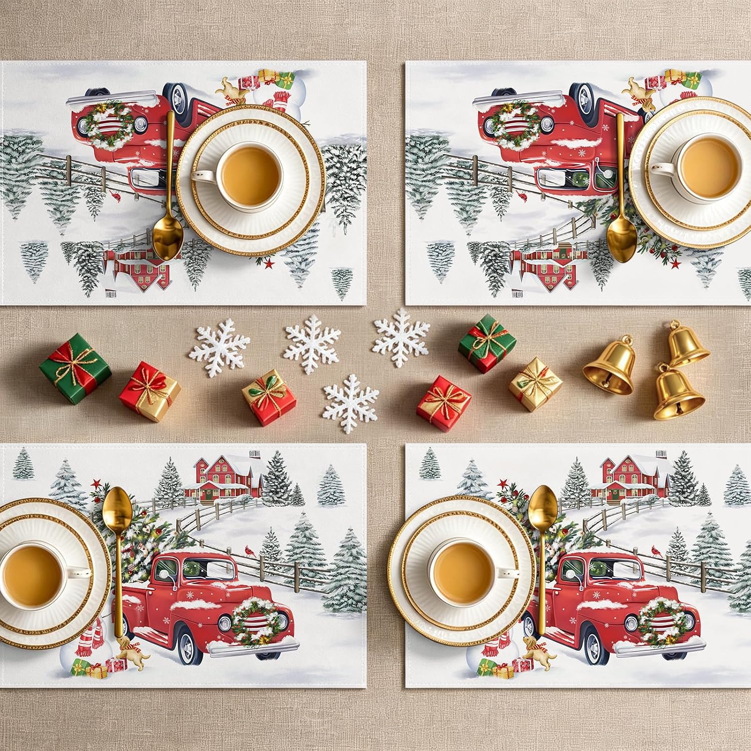 Bonhause Winter Christmas Truck Snowman Placemats Set of 4, 12x18 Inch thumbnail