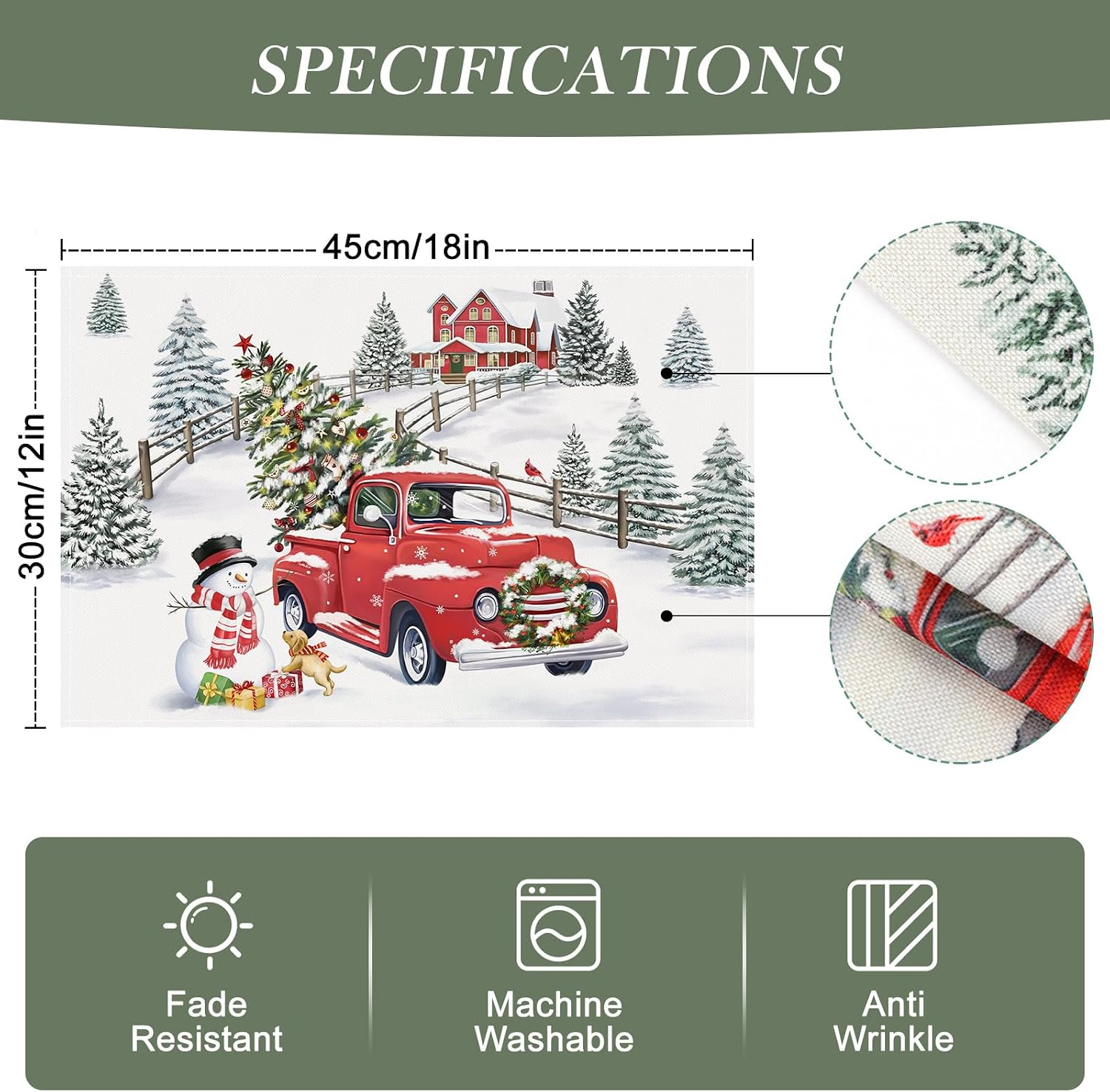 Bonhause Winter Christmas Truck Snowman Placemats Set of 4, 12x18 Inch thumbnail