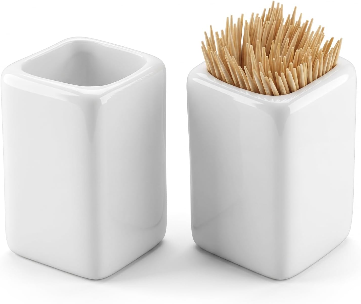2 Pcs Tooth Pick Holder Ceramic Toothpick Dispenser White